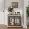 Furniture Style Dog Crate Side Table on Wheels with Double Doors and Lift Top.